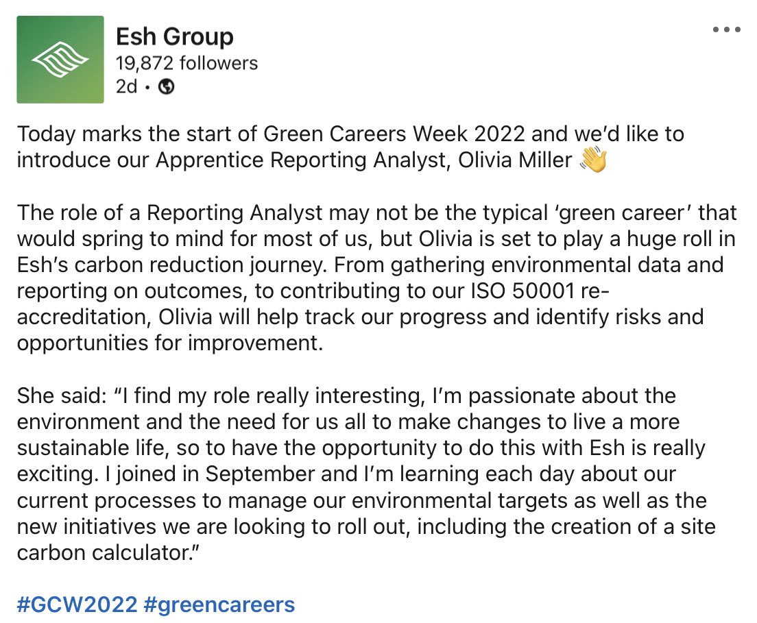 Great to see alumnus Olivia featured by @esh_group on their LinkedIn page to mark Green Careers Week. Local companies are increasingly recognising the talented pool of young people we have here. @PwC_UK are presenting at lunchtime today. #GCW2022 @northeastlep @whitburncareers