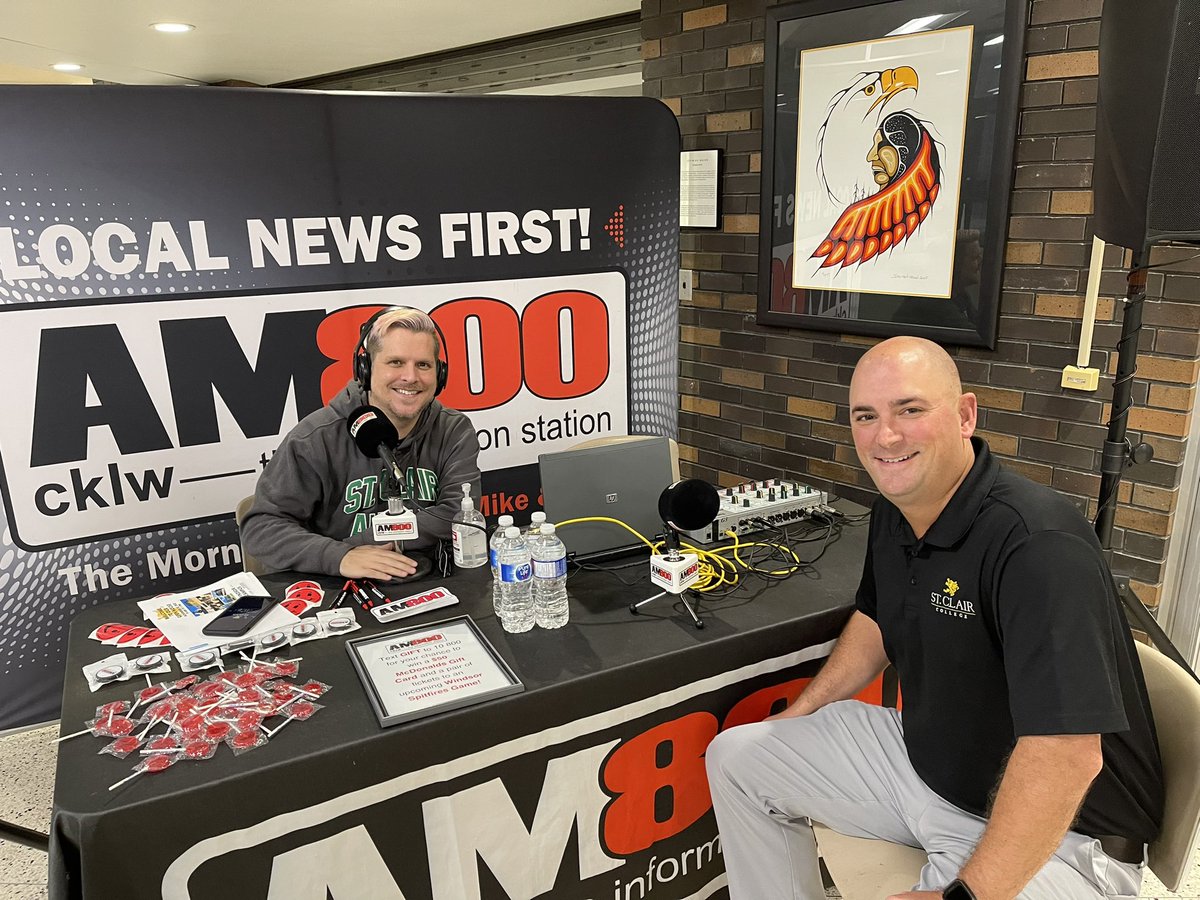 StClairCollege's tweet photo. Look who is back at College this morning! College alumni Dan Macdonald promoting our Saturday Open House 10-1pm. Tune in to @am800cklw now till 9am. Register for open house at https://t.co/JpkEsMtjtH @danmac800 @STCLAIRALUMNI https://t.co/b4AxbaNeUJ