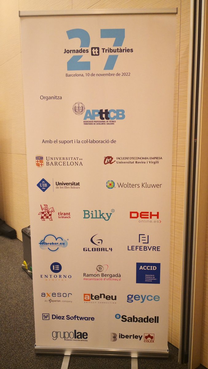 Sala de les entitats col·laboradores i patrocinadores de les 27 JT #JTAPttCB
<a href="/bilky_spain/">Bilky - Un Portal Único</a> <a href="/ateneuprivacy/">Ateneu Privacy Consulting</a> <a href="/BancoSabadell/">Banco Sabadell</a>  <a href="/WKa3Software/">Wolters Kluwer Tax & Accounting España</a> <a href="/axesor/">Experian | axesor</a> <a href="/AssociacioACCID/">ACCID</a>  <a href="/fabroker/">fabroker.eu</a> <a href="/diezsoftware/">Cegid Diez</a> <a href="/entorno_digital/">Entorno Digital</a> <a href="/GEYCEAGP/">GEYCE Software</a> <a href="/global4out/">Global4</a> <a href="/infoiberley/">Iberley</a> <a href="/BancoSabadell/">Banco Sabadell</a> <a href="/universitatURV/">Universitat Rovira i Virgili</a>