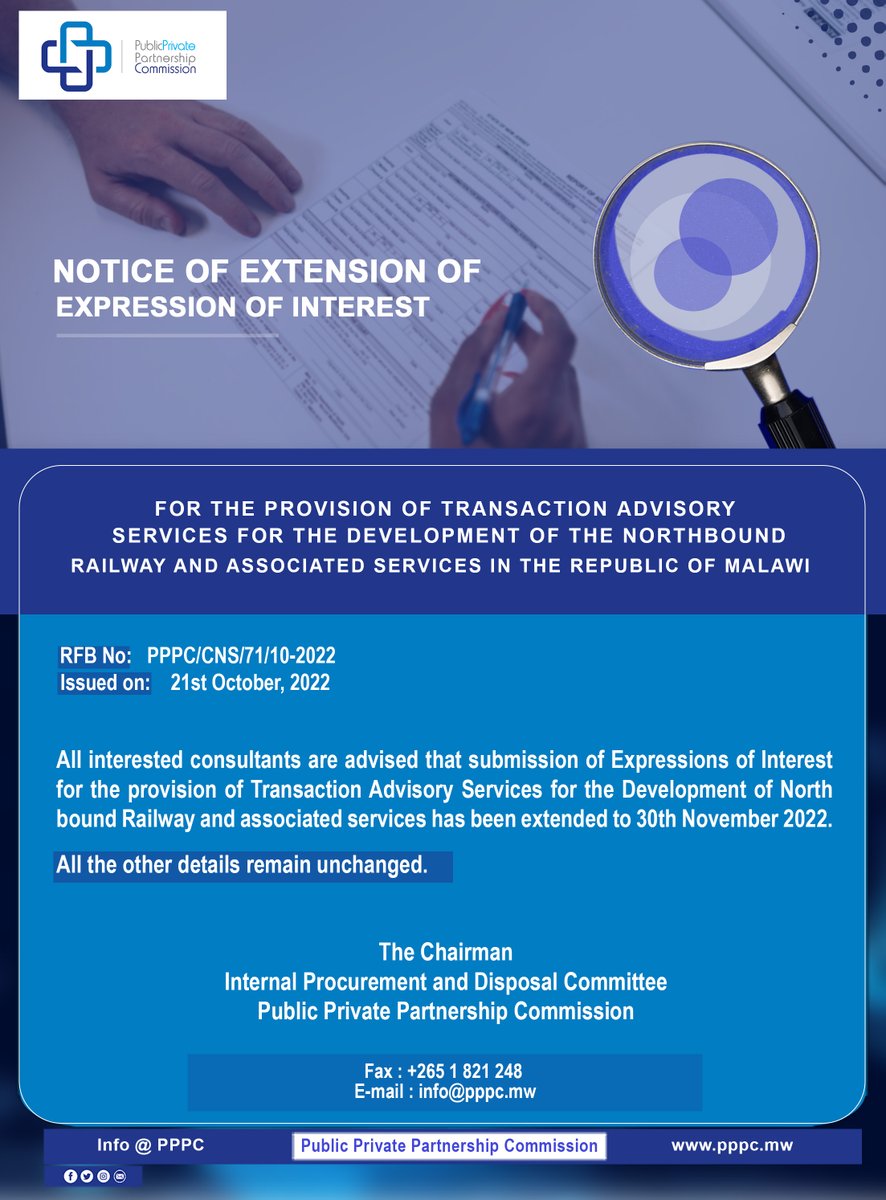 pppcmalawi's tweet photo. Notice of Extension of Date for Expressions of Interest submission - Northbound Railway. https://t.co/Jwk8JzuQZV