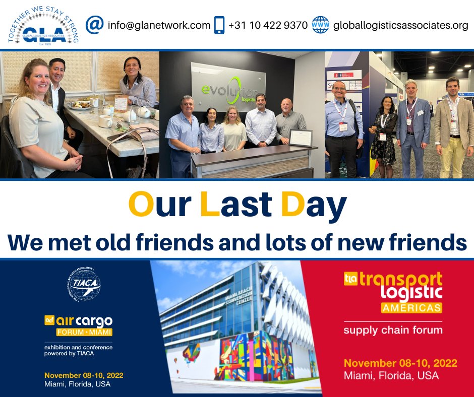 GLANETWORK's tweet photo. A very productive trip.
If you would like to join GLA visit https://t.co/ue3ZJDsjan 
or contact us at info@glanetwork.com
#globallogisticsassociates #aircargoforum #ACF2022 #aircargo  
#TIACA https://t.co/8Nh9fKwfNw