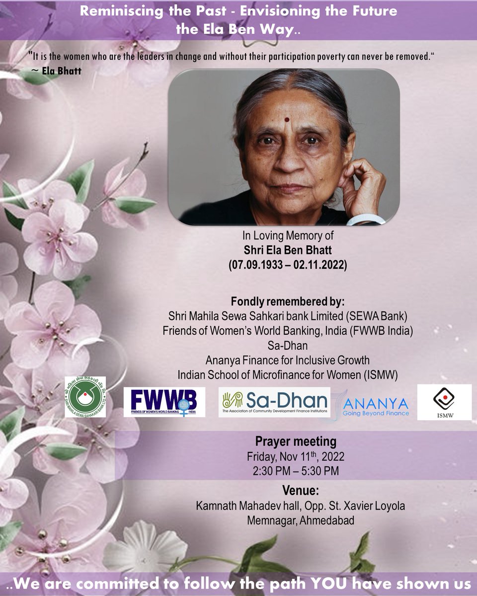 FwwbIndia's tweet photo. A prayer meeting is organized on 11th Nov. 2022 in memory of our founder Shri Elaben Bhatt. 

@Ssbhat9 @sony42055 https://t.co/YCBI5iO74g