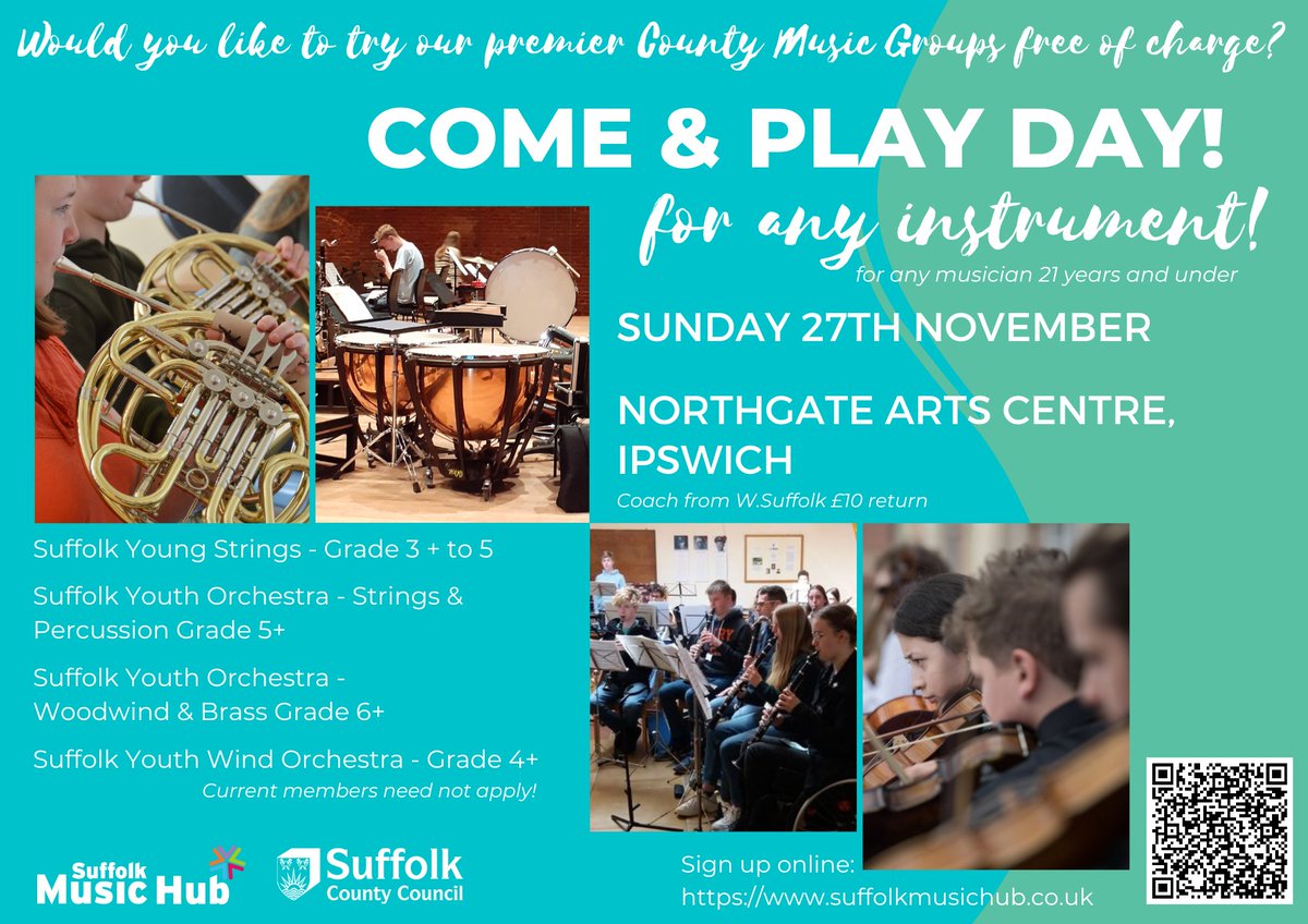 Try out our premier County Music Groups on Sun 27 November '22.
Suffolk County Music Service are hosting a FREE ‘Come and Play Day’ at Northgate Arts Centre, Ipswich.
To find out more visit bit.ly/3G4YXL4 #getplaying