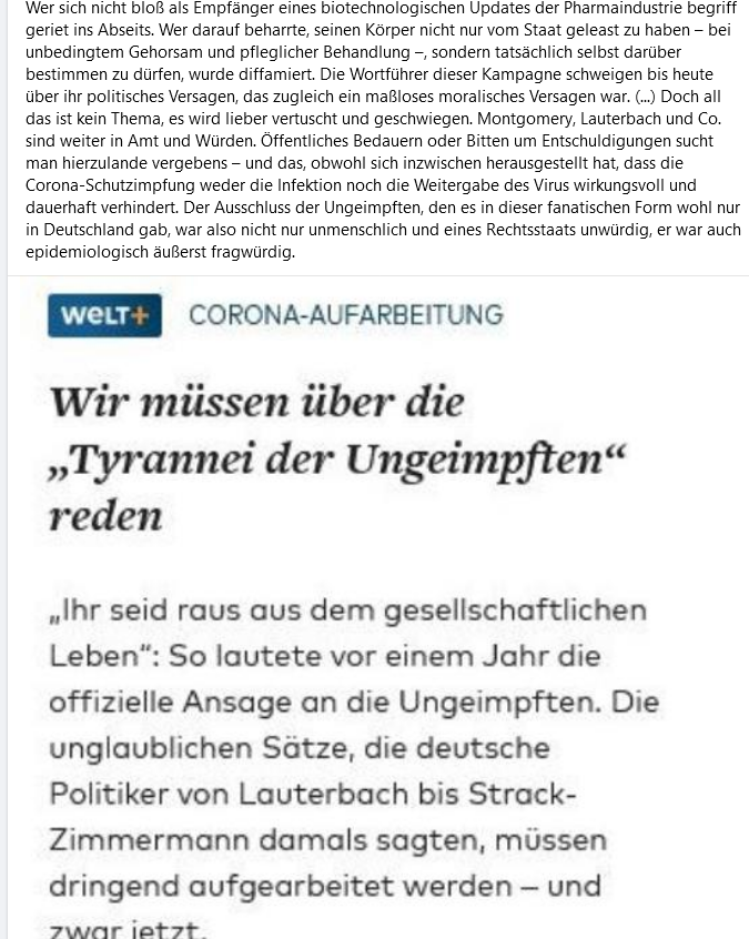 SandraKMeier's tweet photo. #TopText "Die öffentlich ausgelebte Straflust gegenüber Ungeimpften kennt kein Halten mehr, man übertrifft sich gegenseitig mit Vorschlägen."
Jakob Hayner heute in der WELT über den Rückfall in die Barbarei. #DrittesReichReloaded mRNA
ganzer Text hier:
https://t.co/kRNoAWnZ0q https://t.co/K2OCgHFLxn