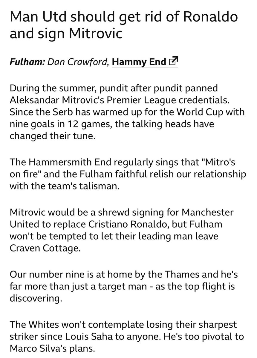 HammyEnd's tweet photo. Our editor @dancrawford85 wrote for @BBCSport this morning on why Fulham won't let Aleksandar #Mitrovic go - to #mufc - or anyone else. Our 🇷🇸 number 9 is just too valuable
#ffc #coyw #upfordebate 🔥🔥🔥 https://t.co/ckdzORKKD1