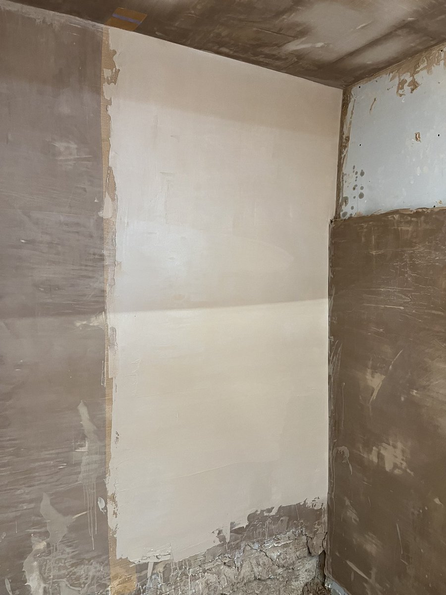 jamesmccrea's tweet photo. Plastering day 4/5, am
Skimmed half the back wall (ready for joining to left side, simulating a larger wall), and the front corner on top of the bonding layer. 
Then sad times, had to demolish my right hand side walls! https://t.co/YxJmOzbGV9