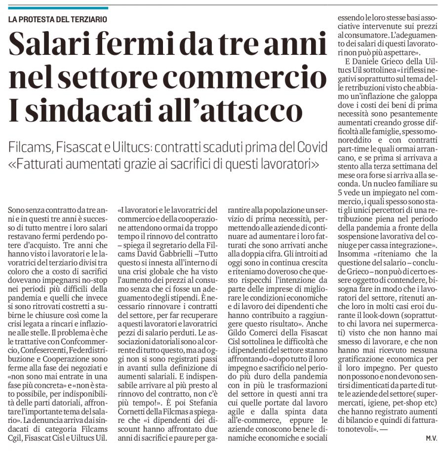 Oggi abbiamo dato il nostro contributo sulla stampa Mantovana in merito alla questione del ritardo sui rinnovi dei ccnl del terziario e della distribuzione cooperativa .