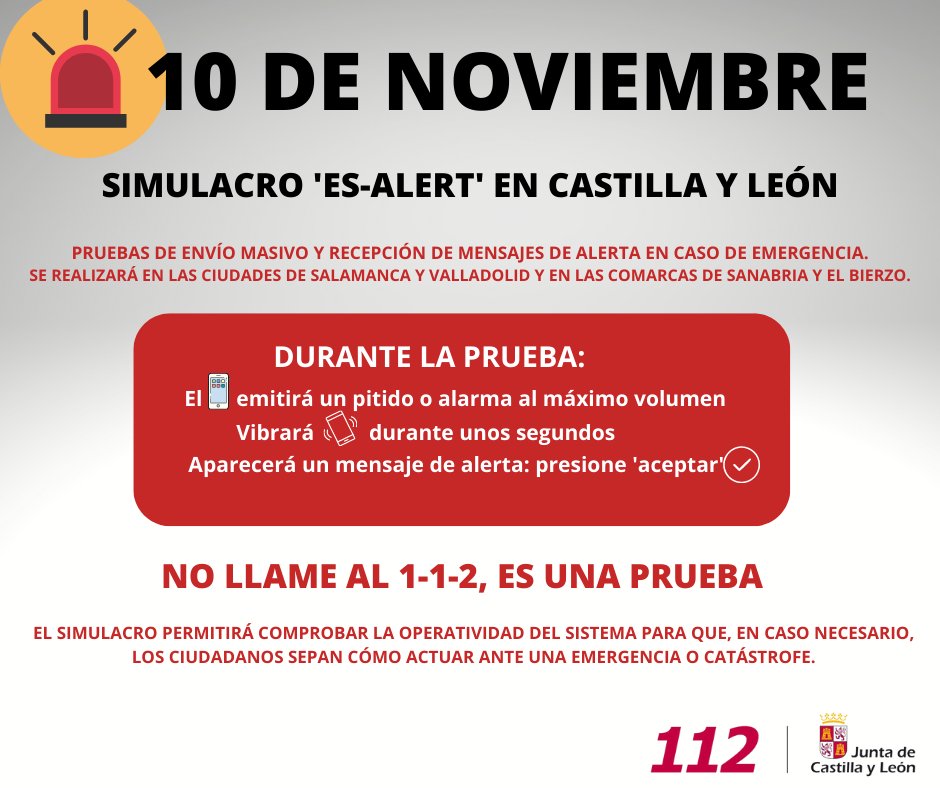 jcyl's tweet photo. 🚨 Si hoy recibes un mensaje de alerta en tu móvil no llames al 1-1-2, se trata de una prueba que @112cyl está realizando en en algunos puntos de #CastillayLeón
📍 Ciudades de #Salamanca y #Valladolid
📍 Comarca de El Bierzo en #León 
📍 Zona de de Sanabria en #Zamora https://t.co/4ye4bq1KK6