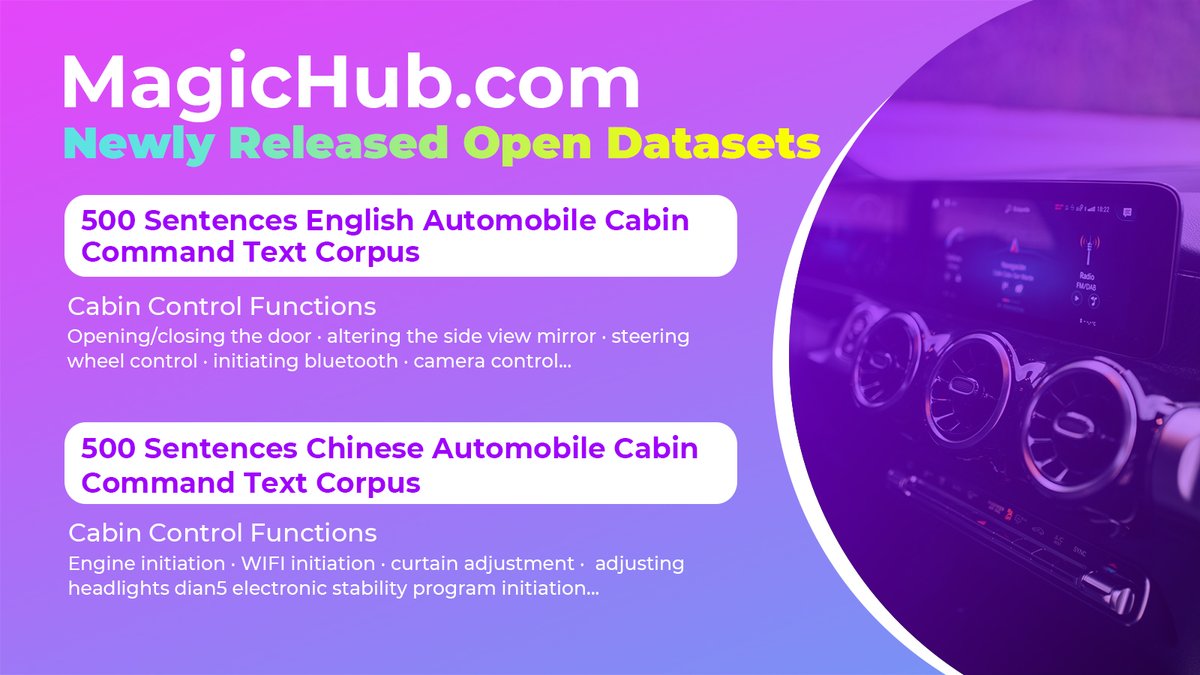 Magic_Data_Tech's tweet image. Fussed with finding data to start your machine learning project? Here comes the good news! 🎉

MagicHub newly releases 500 sentences of automobile cabin command text corpus in English and Chinese respectively.

Download free:
magichub.com/datasets/engli…

magichub.com/datasets/chine…