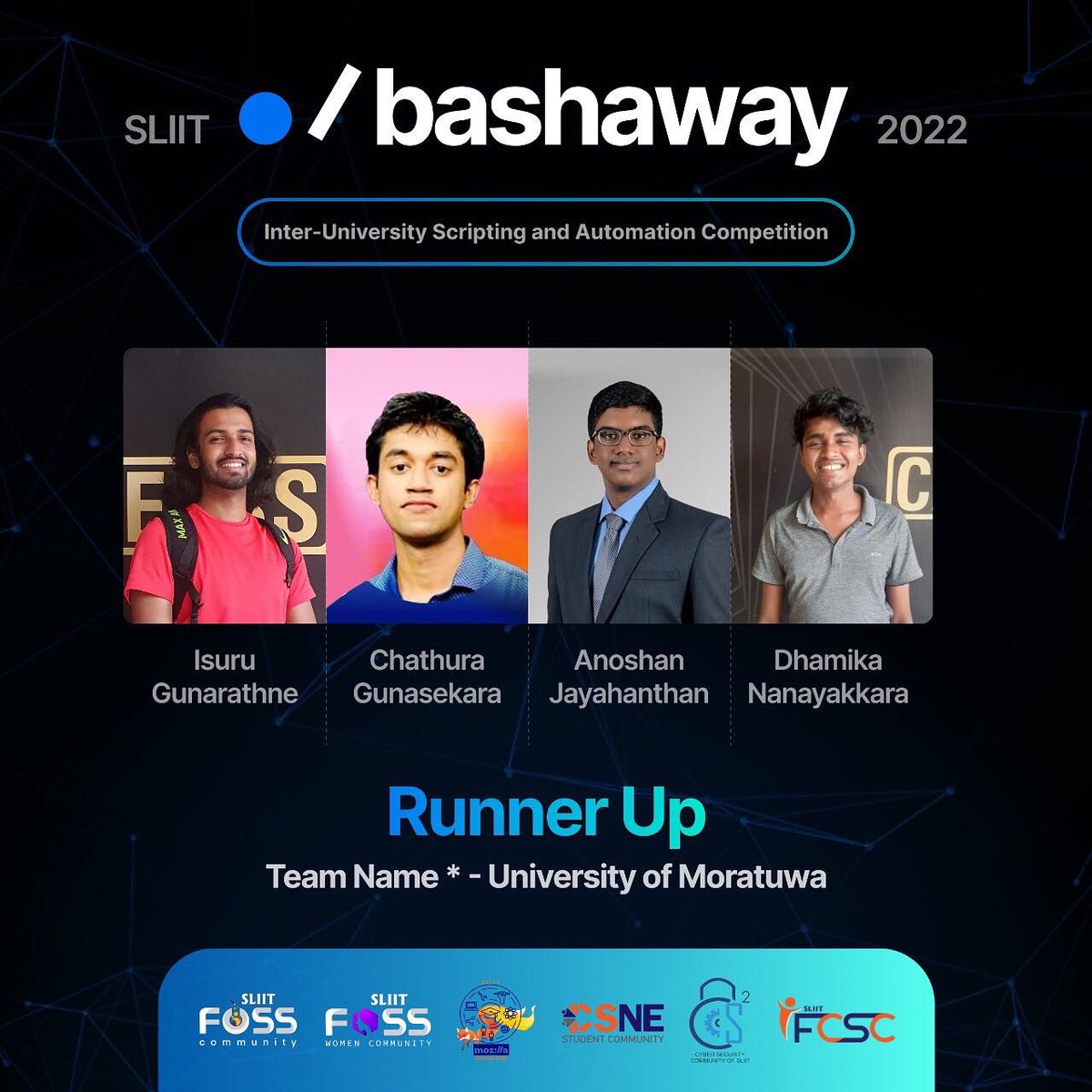 fosssliit's tweet photo. Who are the first runners - up❓
🤩Your hard work has finally paid off🤩
We are glad to announce that Team Name* from University of Moratuwa has became the 🥈 first runner- up of SLIIT ./bashaway 2022
#sliitfoss #sliitwif #wif #fcsc #mozilla #sliitmozilla #csnesc #bashaway https://t.co/RpCR0wrkDZ