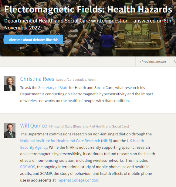 UK Parliamentary question on #EHS: What research is being carried out? Absolutely none.

@blogBRHP

#Electrosensitivity #EMF

theyworkforyou.com/wrans/?id=2022…