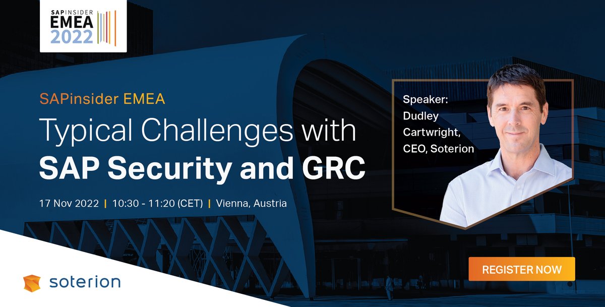 #SAPinsider #EMEA2022 -The SAPinsider EMEA 2022 conference is around the corner. Come and join our CEO, Dudley Cartwright for a live interactive session.

Click here > soterion.com/sapinsider-eme… 

#SAP #GRC #Soterion #SAPSecurity #GRCforSAP #EMEA2022 #SAPinsider