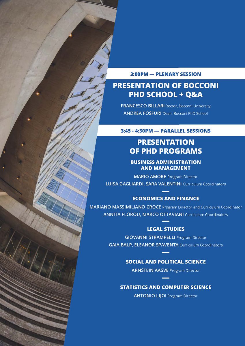 Unibocconi's tweet photo. Don’t miss PhD Day 2022 on 16 November. The online event presents all the full-time #Bocconi #PhDPrograms to highly qualified and motivated #students who want to continue their studies and become #scholars, #researchers or skilled #professionals https://t.co/Jyrbx7x7ju https://t.co/TRepqoUAUi