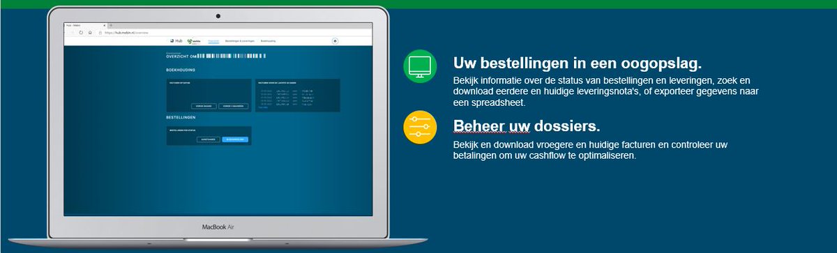Maakt u al gebruik van ons digitaal klanten portaal "HUB" ? Al uw gegevens in een oogopslag bij elkaar zoals bestellingen, planningen, facturatie. Wilt u ook gebruik maken van "HUB" neem contact op met uw account manager of stuur een email naar verkoop@mebin.nl
