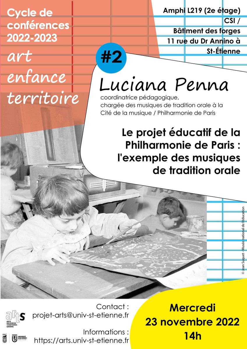institut_arts's tweet photo. Conférence de Luciana Penna "Le projet éducatif de la Philharmonie de Paris : l’exemple des musiques de tradition orale"
modérée par Anne Damon-Guillot #Eclla @Univ_St_Etienne
🗓️23/11 à 14h au CSI/Bâtiment des forges à St-Etienne et en distanciel
+infos👉https://t.co/tX5Pkv34FW https://t.co/uM5PDKnEWr