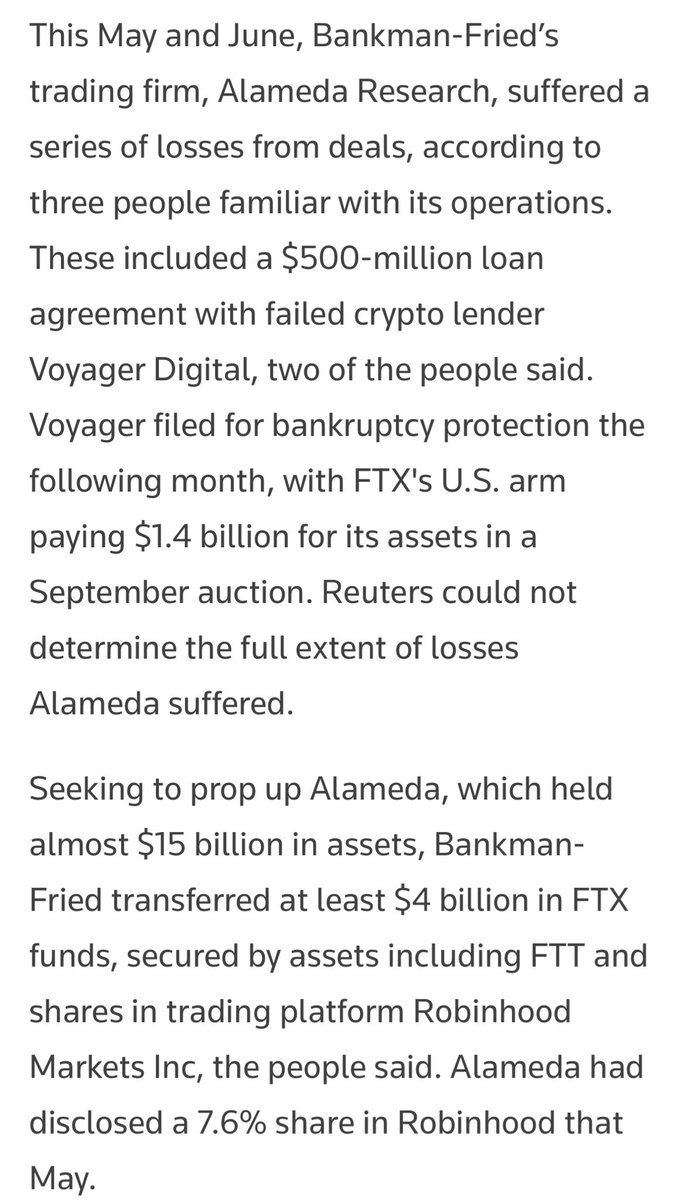 cobie's tweet image. So, Alameda blew up at the same time as 3AC did, but SBF bailed them out with customer funds secured by FTT and HOOD equity? reuters.com/technology/exc…