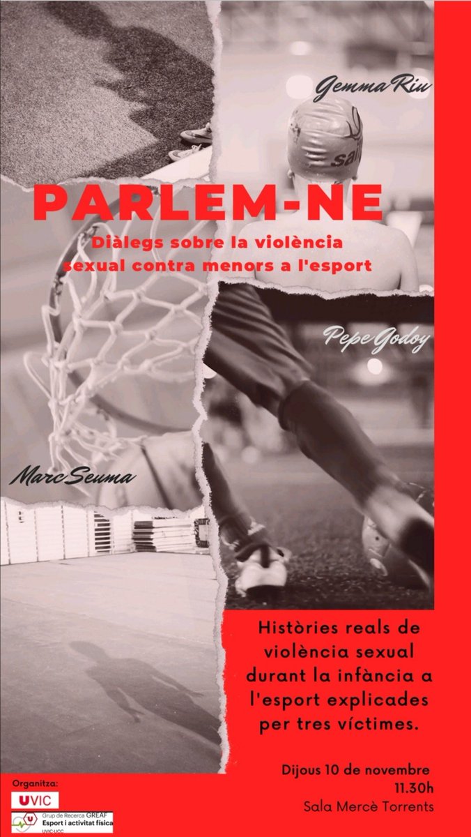 uvic_GREAF's tweet photo. Avui a les 11:30 a la Sala Mercè Torrents: Parlem-ne. Diàlegs sobre la violència sexual contra menors a l'esport amb la veu i l'experiència de tres víctimes. https://t.co/RObm7NDsh0