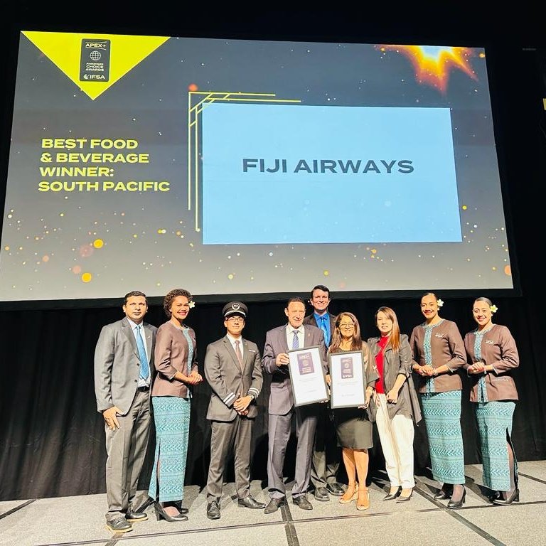 FijiAirways's tweet photo. 🥇This just in from @theAPEXassoc 2023 Regional Passenger Choice Award® in Singapore this evening. 

Fiji Airways awarded⤵️

✈️2023 APEX Passenger Choice Award® for Best Food &amp; Beverage, South Pacific (2 years in a row) 

✈️2023 Best Seat Comfort, South Pacific https://t.co/92JHfGVAk1