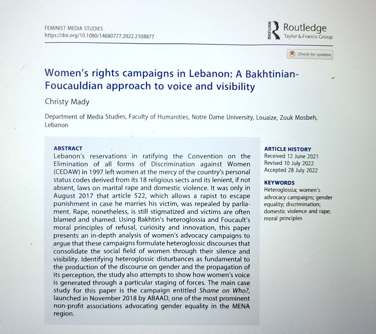 Glad to share that my article on women's rights campaigns in Lebanon has been published by <a href="/FemMediaStudies/">Feminist Media Studies</a>.
Big thanks to the editors for all their support!
DM for copies.
#feministmediastudies #women #WomensRights 
tandfonline.com/action/doSearc…