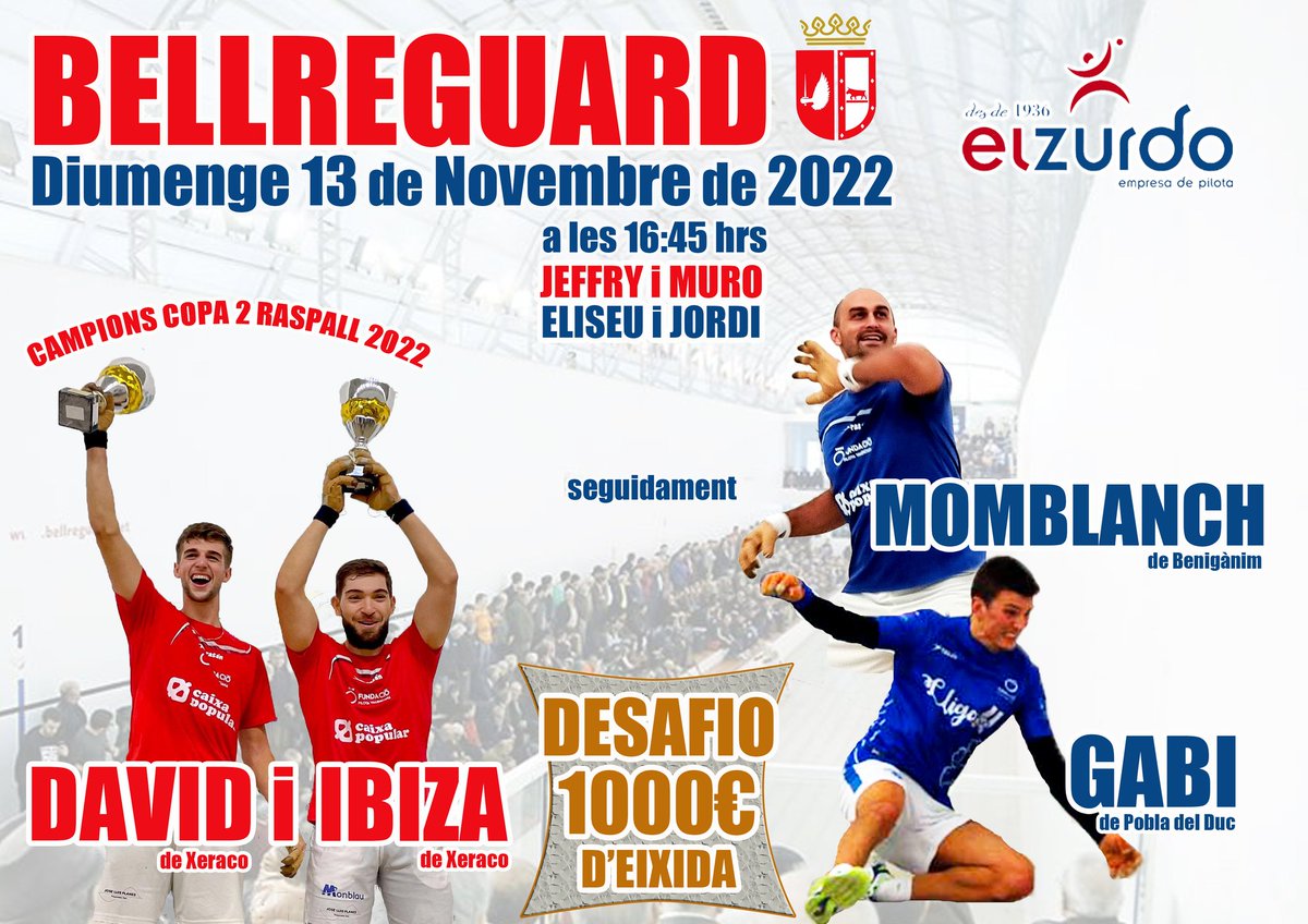 🗣MOMBLANCH i GABI DESAFIEN ALS CAMPIONS!!!
Fiquen 1000€ en joc front els flamants Campions de la 🏆Copa 2 de raspall, David i Ibiza, tots dos de Xeraco.
No s'ho poden perdre, els esperem el diumenge de  vesprada.
#pilotamola #pilotavalenciana 
#desafioalscampions #vadebo