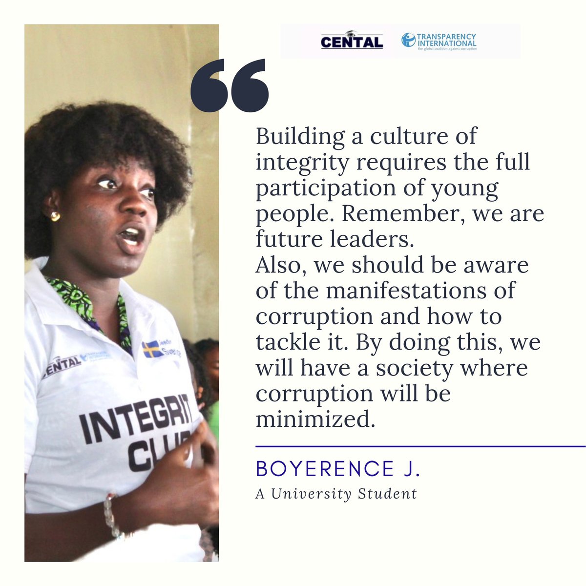 centalti's tweet photo. "Building a culture of Integrity requires the full participation of young people..."
-𝘉𝘰𝘺𝘦𝘳𝘦𝘯𝘤𝘦 𝘑. (A University Student)
#iclub
#youthengagement
#sida
#nibaprogram https://t.co/UEMBSHdQ25