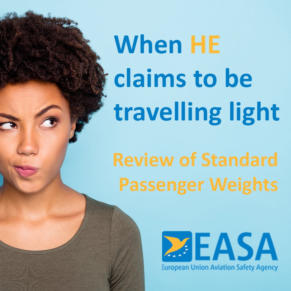 EASA's tweet photo. Interesting findings from #EASA's survey on Standard Passenger Weights. Who would have thought male passengers take more carry-on luggage 😉! Find out more here 👇https://t.co/o2jLQKBuBB https://t.co/EAU9iOukEI
