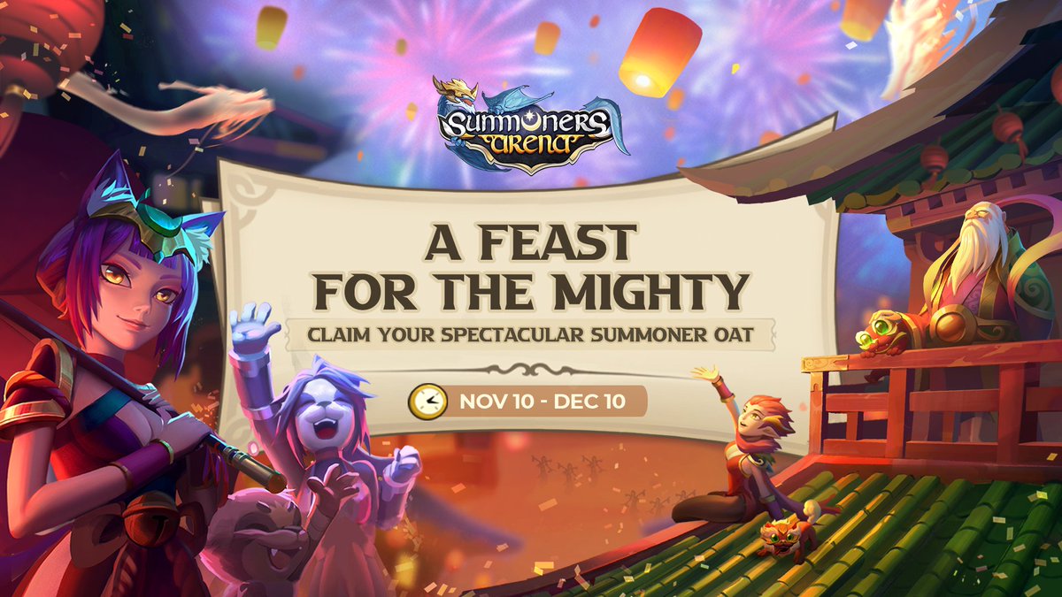 SummonersArena's tweet photo. In continuation of your immense support for A Feast for the Mighty, we’re bringing you another event: Spectacular Summoner OAT with even more perks 🌟

Spectacular Summoner OAT powered by @Galxe

For more information, check below ⬇️

#PlayOwnEarn #SummonersArena #Idle #RPG #OAT https://t.co/qT9lEsueRq