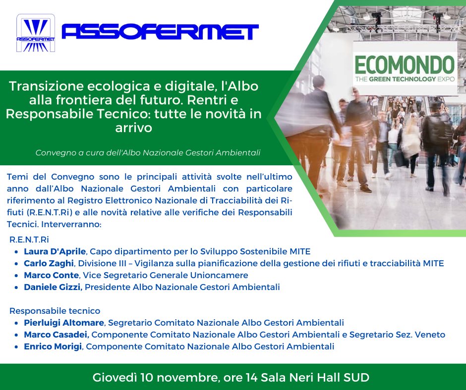 assofermet's tweet photo. Gli appuntamenti di #ASSOFERMET di oggi.
#ASSOFERMET Ti aspetta a @Ecomondo .
Vieni a trovarci allo stand congiunto delle Associazioni del Riciclo (n.42-Pad.B2) con @Unirima1 e #Assorimap.
#recupero #riciclo #green #circulareconomy #rottami #metalli #aziende https://t.co/OVYnxMd9Xy