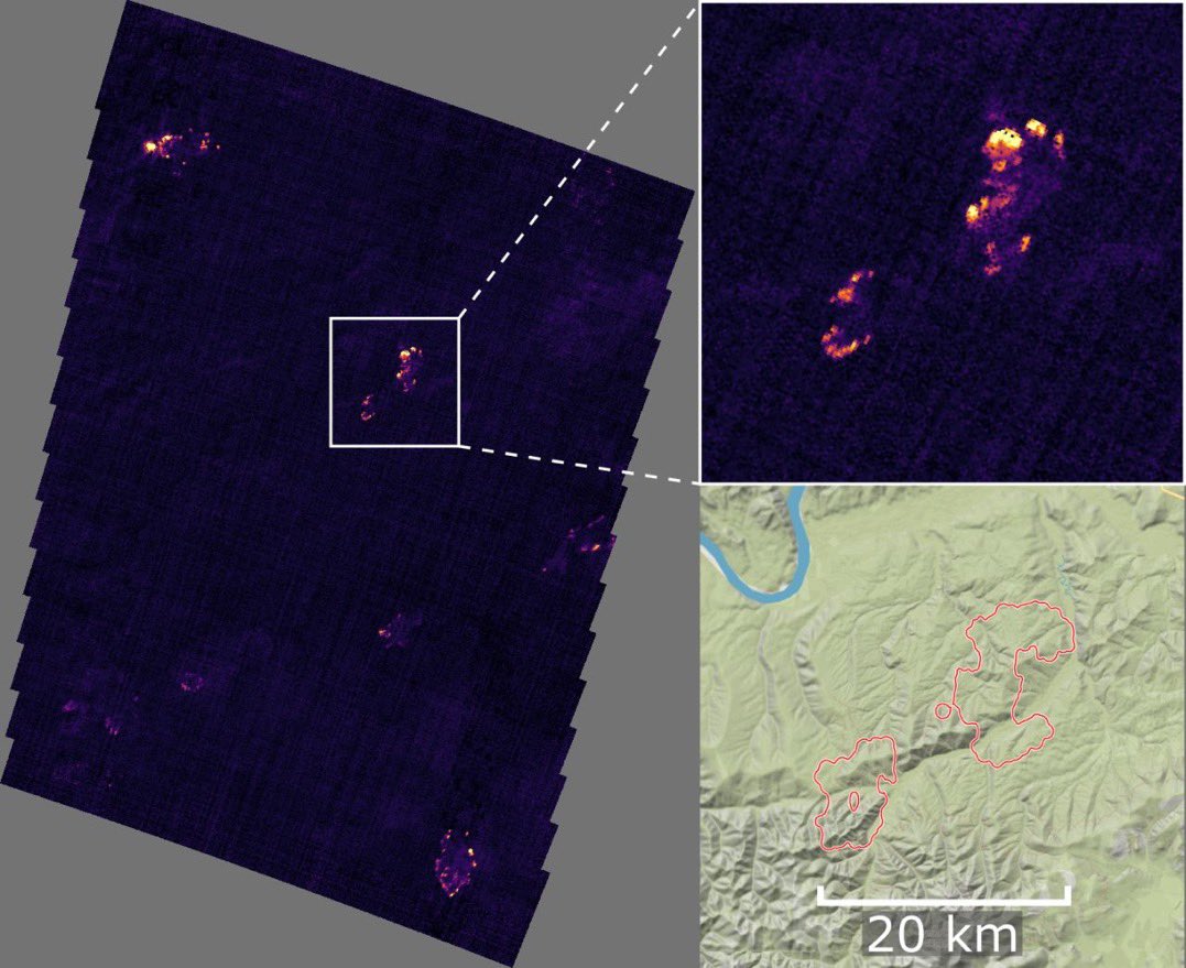 This thermal IR image was acquired  by our <a href="/OroraTech/">OroraTech</a> #satellite on July 1, 2022 over central #Alaska north-west of #Fairbanks. You can see the fire fronts of several large #wildfire clusters in bright orange and yellow. <a href="/AlaskaNPS/">Alaska NPS</a> <a href="/UA_System/">University of Alaska</a> <a href="/NWSFairbanks/">NWS Fairbanks</a> 
#eo #remotesensing