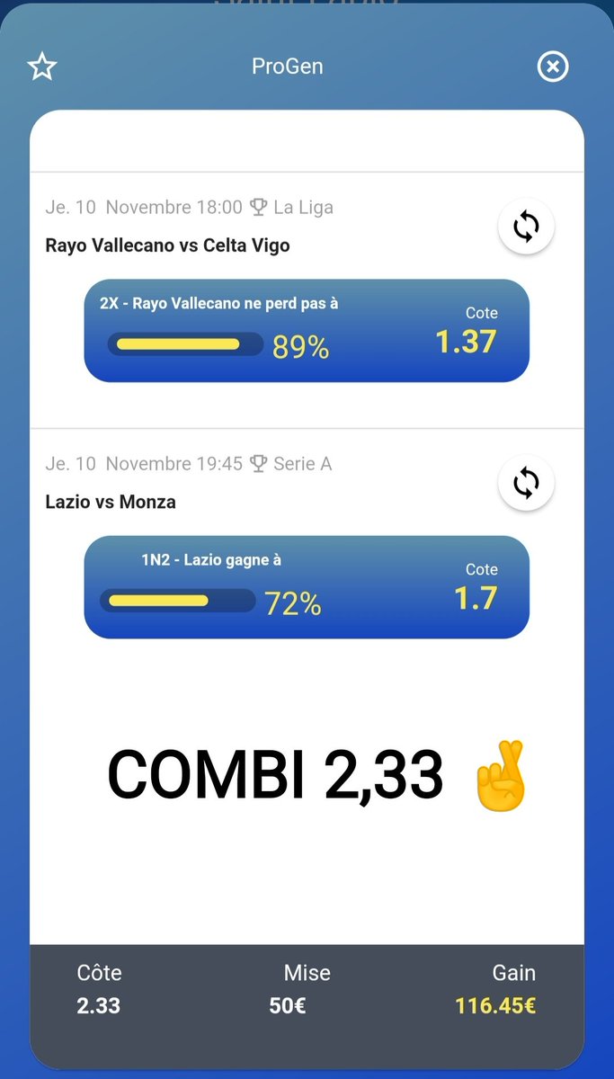 PronextApp's tweet photo. 🚨 #CoteDuJourPronext du 10/11 :
Je vous le partage plus vite car ça baisse
Combi #ProGen 🔸2,33🔸
▶️#RayoCelta
#Rayovallecano Double chance 1N
▶️#LazioMonza
#Lazio gagne
#TeamParieurs #TeamParieur #pronextapp https://t.co/k9Ggj34Aw5