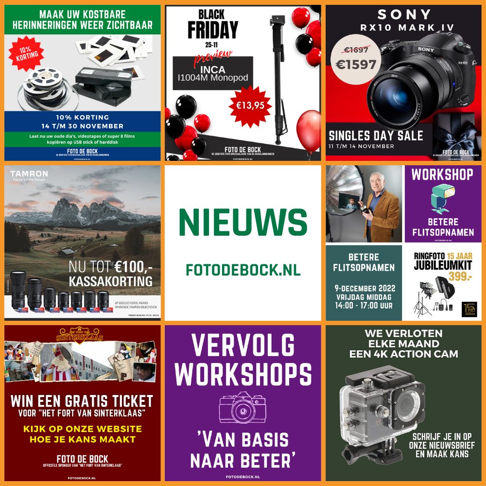 #FotoDeBock #Nieuws 10-11-2022 

fotodebock.nl/foto-de-bock-n… 

WIN EEN ACTION CAM: eepurl.com/bMYXKn 

#10ProcentKorting #Digitaliseren #BlackFriday #InvaI1004Monopod #Flitsworkshop #VervolgWorskhop #NikonKkassakorting #SonyCashback #SigmaCashback #Tamron70tot300mmNikonZmount