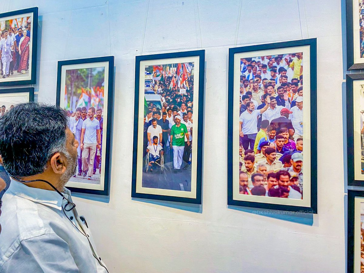 DKShivakumar's tweet photo. It was a treat to watch special moments of #BharatJodoYatra through the eyes of a painter &amp; a photographer, during an exhibition- The Renaissance at ChitraKala Parishath.
The exhibition is on display till 13th Nov &amp; you all must visit it to relive the yatra.
#BharathAikyataYatre https://t.co/vZ1q6S1aJ7