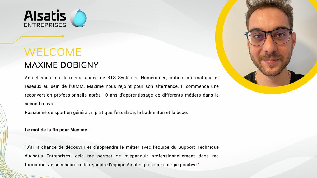 Alsatis_B2B's tweet photo. Alsatis Entreprises s'agrandit ! ✨ 

Nous vous présentons Maxime Dobigny, qui nous rejoint dans le cadre de son #alternance !

Bienvenue dans la famille Alsatis, une belle aventure qui commence. 😉

#alsanews #telecom #numerique https://t.co/fPxLwxOIfu