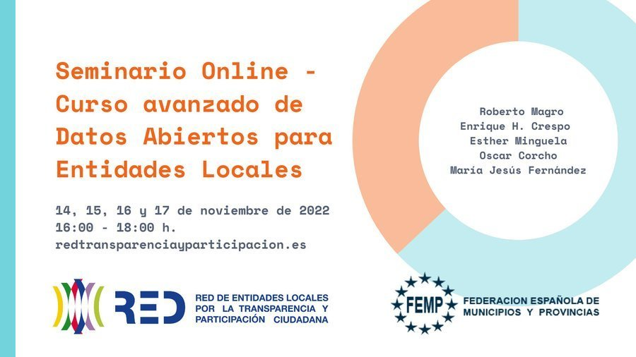 REDFEMP_TyP's tweet photo. ➡️ Curso avanzado de Datos Abiertos para Entidades Locales
ℹ️ https://t.co/VBMO8InpNP
📆14, 15, 16 y 17 noviembre 2022
🕓16:00-18:00 h
Con @h_enriquecrespo, @eminguelac, @ocorcho y María Jesús Fernández Ruíz
Coordina @robermape
Organiza @REDFEMP_TyP
#OpendData #DatosAbiertos https://t.co/XK38IXereM