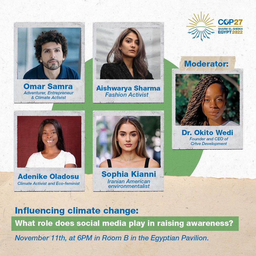 Our CEO &amp; Founder, Dr Okito Wedi, will be facilitating a panel in Room B in the Pavilion at 6PM on November 11th (tomorrow). <a href="/omarsamra/">Omar Samra - عمر سمره</a> , <a href="/the_ecofeminist/">Adenike Titilope Oladosu</a> , <a href="/SophiaKianni/">Sophia Kianni</a>  and <a href="/Figuramoda/">Aishwarya Sharma</a> will be on the panel! 

See you then! #COP27 #AfricaByWe