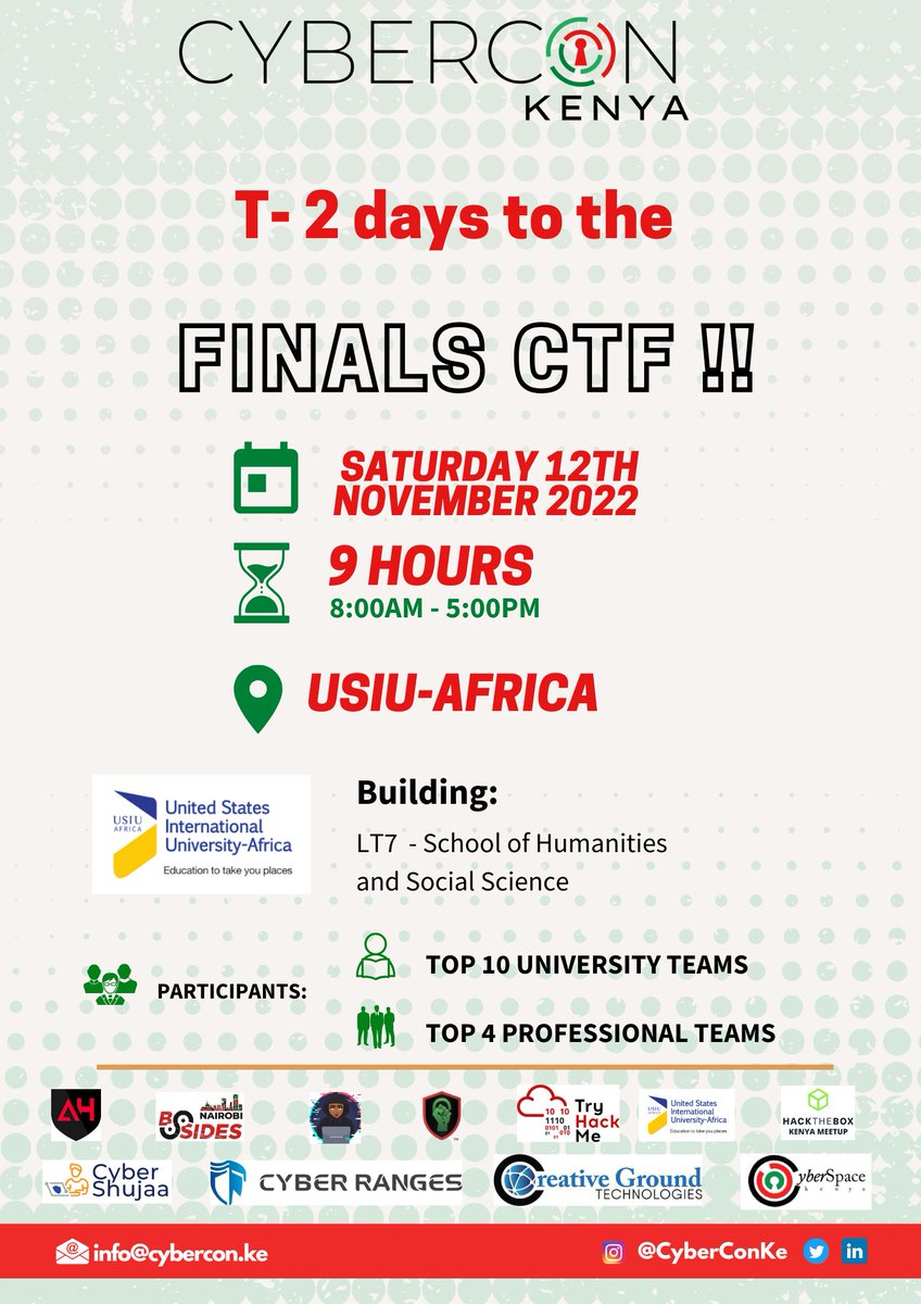 Countdown to the CTF finals happening this weekend 🥳 can't wait to see you rockstars battle it out 🥳. Come ready to have an amazing time ⏳

Ps. The event is open to the finalists and <a href="/USIU/">うし</a>-A students only🤗