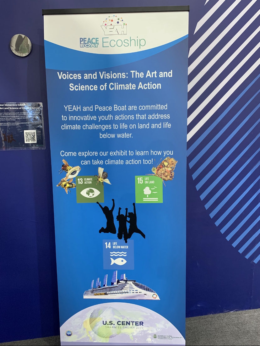The <a href="/YEAH_network/">YEAH Network</a> and Peaceboat US collaborated on the “Voices and Visions” art and science exhibit which prominently features climate actions by youth. Come be inspired any time and meet some of the people involved during open exhibit times! #COP27