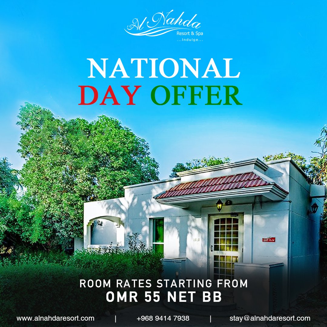 National Day calls for Celebration and Relaxation.

Join us at Al Nahda Resort and Spa with our National Day Offer.

#AlNahdaResort #Oman #Muscat #Offers #LuxuryandComfort #NationalDayOffer #BestOffer #LuxuryTravel #xploreOman #BeautifulDestination