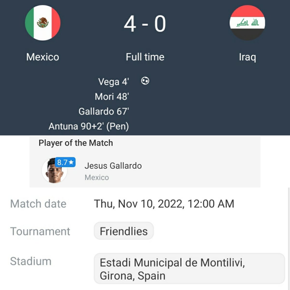 HAzaiba's tweet photo. Maxico 4 vs 0 Iraq #mexico #iraq #vega #mori #gallardo #antuna #spain https://t.co/Mr1m47Ia59