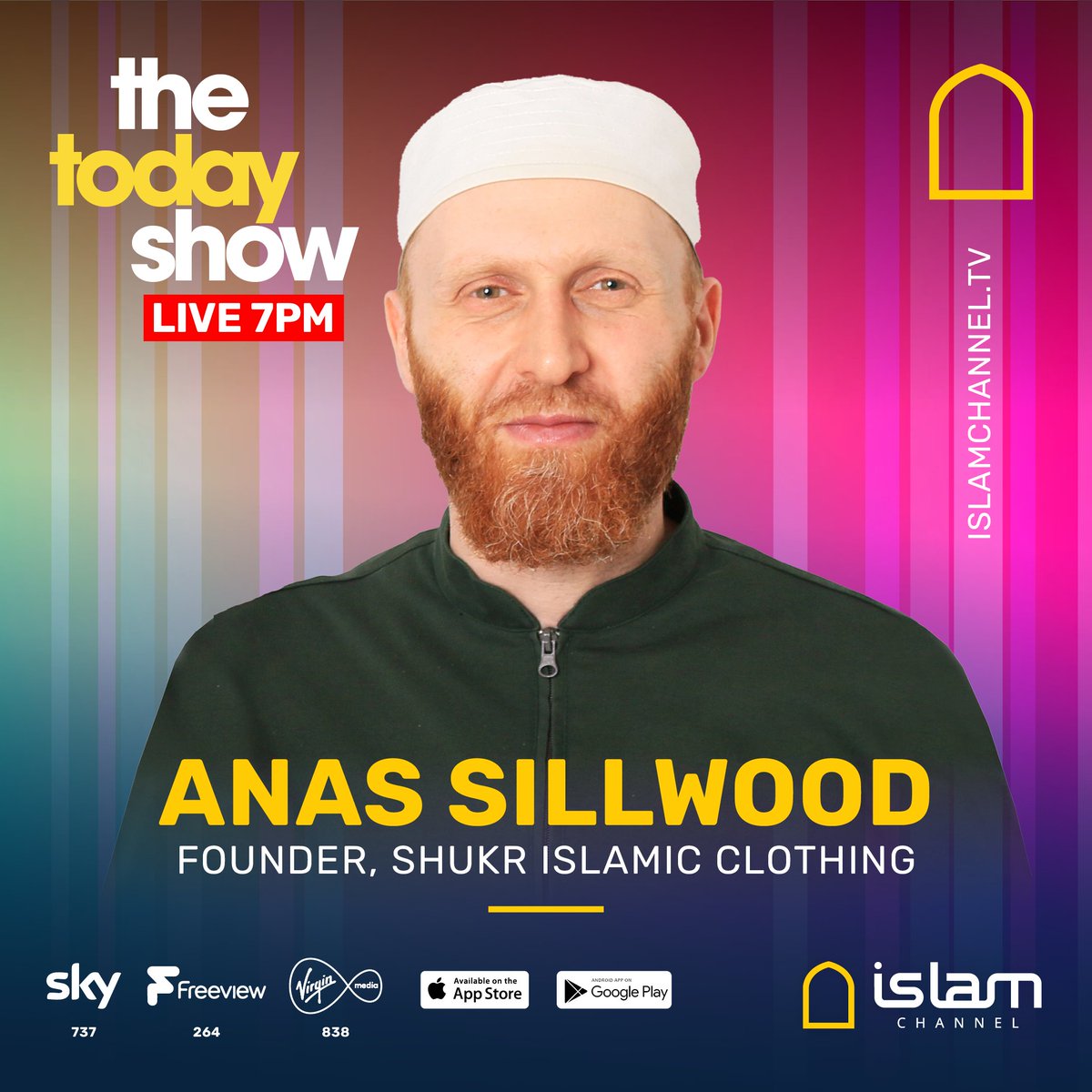 shukr's tweet photo. Watch Anas Sillwood, SHUKR founder, live on the Islam Channel, one of the world’s leading Islamic media platforms. 

He will be on ‘The Today Show’, discussing the SHUKR story and the modest clothing industry. 

To watch live https://t.co/pbI1Dw79Me

Friday 11th November 7pm GMT https://t.co/CyTsAnQF7O