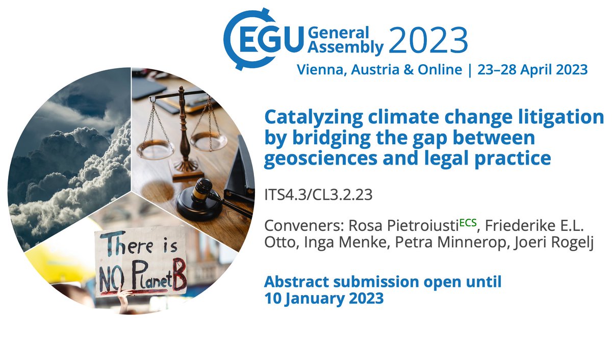 Do you do research in #Geoscience, #ClimateScience or interdisciplinary, relevant to #ClimateJustice #ClimateLitigation #LossAndDamage #HumanRights #ImpactAttribution and more ? 🌤️

Then submit an abstract to our new interdisciplinary #EGU23 session!⬇️⬇️

bit.ly/climlit