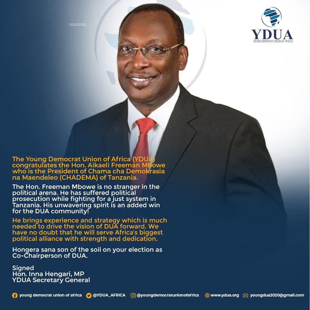 YDUA_AFRICA's tweet photo. We congratulate hon @freemanmbowetz, chairman of @ChademaTz, for being elected as co-chairperson of @dua_africa.
We are all excited and look forward to the revival of @dua_africa. Hongera sana 👏🏼👏🏼
#Democracy #Africa https://t.co/C0G97Z08CH