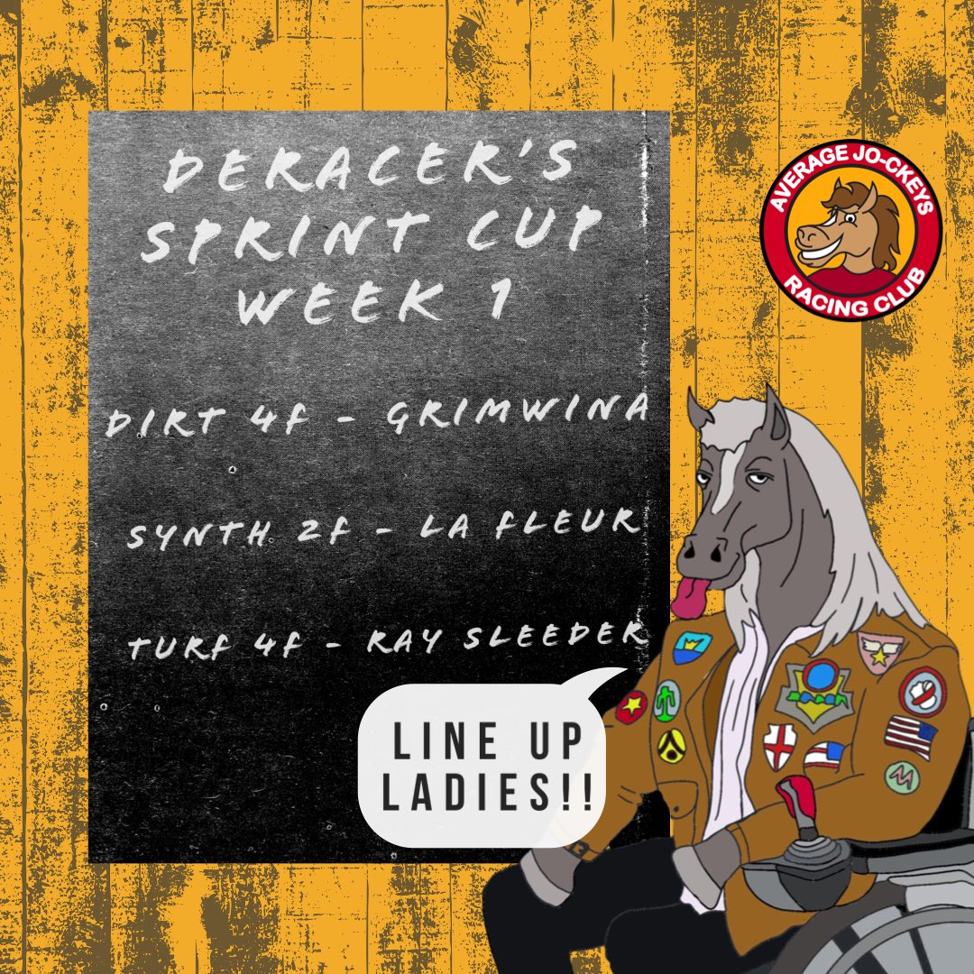 Super excited for the @DeracersNFT Sprint Cup to start Monday! 

Here’s our proposed week one line up brought to you by our mascot Patches O’Furlong 🐎 🏆🚀

#SprintsCupSeason1
#NFT #Metaverse #Crypto #blockchain #DeRace #horseracing