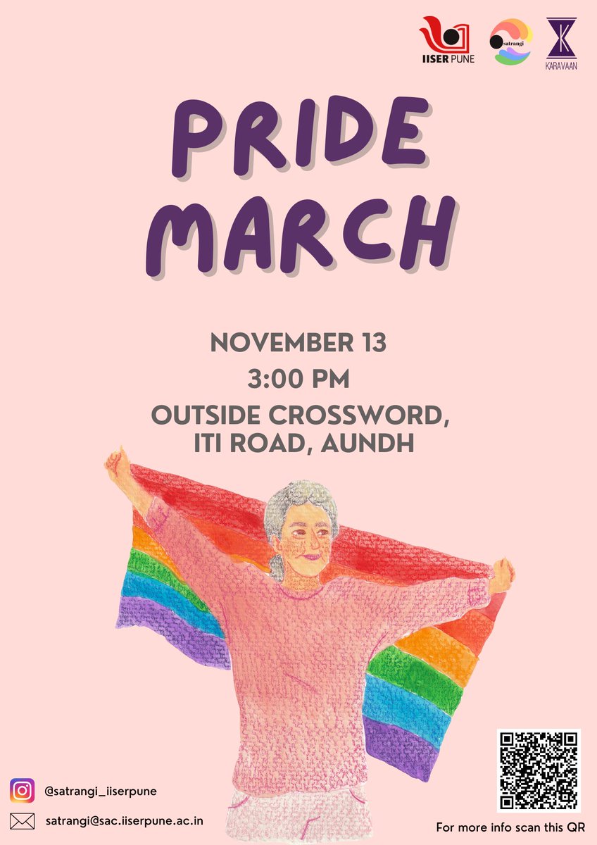 Satrangi_IISERP's tweet photo. We are delighted to announce that after three long years, @IISERPune's Satrangi and @KaravaanIISERP will again be hosting our very own Pride March this Sunday! 

Date: November 13th, Sunday. 
Assembly point: Outside Crossword, ITI Road, Aundh, Pune.
Time: 3 PM. https://t.co/oFS3f5EOaF