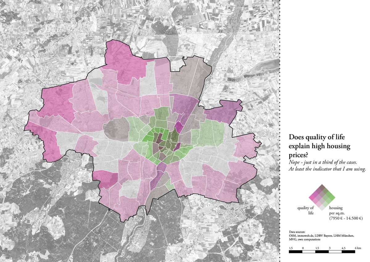 JanFries9's tweet photo. #30DayMapChallenge 
Late Day 8: OSM data

I got a bit carried away - what you see here is a rough quality of life indicator built from OSM data. I then checked whether that coincides with high housing prices. Should have balanced it out more, I guess.

#citiesforpeople https://t.co/7Zr3Rq1DKs