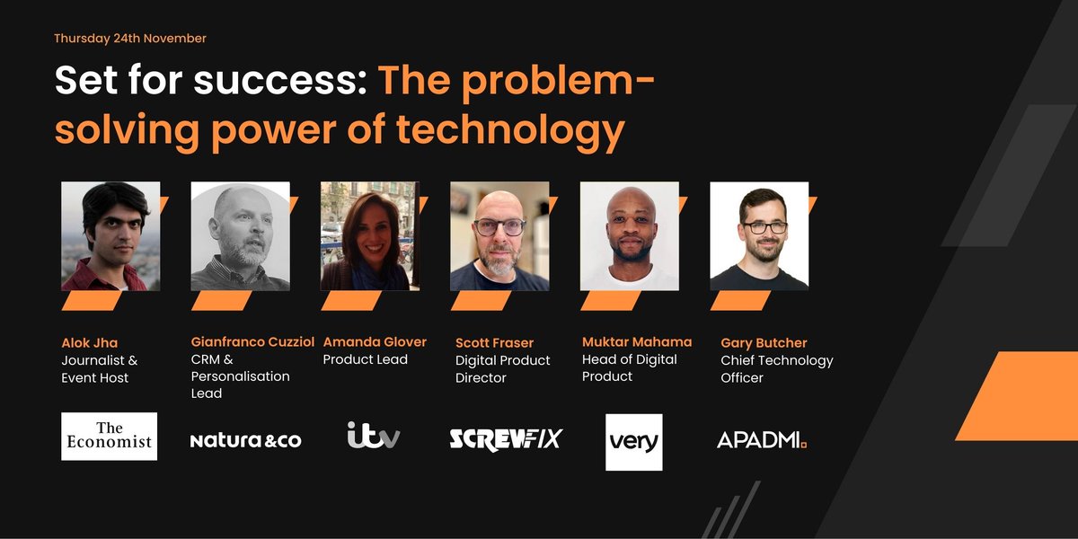Apadmi (@apadmi) on Twitter photo Join us on 24th Nov for a live tech panel event with <a href="/alokjha/">Alok Jha</a> journalist at <a href="/TheEconomist/">The Economist</a>, Gianfranco Cuzziol from <a href="/naturaandco/">Natura &Co</a>, Amanda Glover from <a href="/itvstudios/">ITV Studios</a>, Scott Fraser from <a href="/Screwfix/">Screwfix</a>, Muktar Mahama from <a href="/verynetwork/">Very</a> and our very own Gary Butcher: eventbrite.co.uk/e/set-for-succ… Join us on 24th Nov for a live tech panel event with <a href="/alokjha/">Alok Jha</a> journalist at <a href="/TheEconomist/">The Economist</a>, Gianfranco Cuzziol from <a href="/naturaandco/">Natura &Co</a>, Amanda Glover from <a href="/itvstudios/">ITV Studios</a>, Scott Fraser from <a href="/Screwfix/">Screwfix</a>, Muktar Mahama from <a href="/verynetwork/">Very</a> and our very own Gary Butcher: eventbrite.co.uk/e/set-for-succ…
