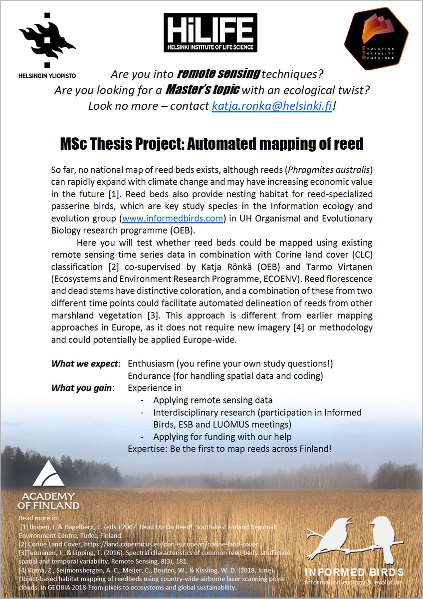 Katja Rönkä (@katja_ronka) on Twitter photo I am looking for a Master's student to join my <a href="/SuomenAkatemia/">Suomen Akatemia | Research Council of Finland</a> project with <a href="/informedbirds/">Rose Thorogood</a> and bit.ly/ToniLyn on factors delineating species distributions and be the first to map reed beds across Finland! Remote sensing co-supervised with researchportal.helsinki.fi/fi/persons/tar…. I am looking for a Master's student to join my <a href="/SuomenAkatemia/">Suomen Akatemia | Research Council of Finland</a> project with <a href="/informedbirds/">Rose Thorogood</a> and bit.ly/ToniLyn on factors delineating species distributions and be the first to map reed beds across Finland! Remote sensing co-supervised with researchportal.helsinki.fi/fi/persons/tar….