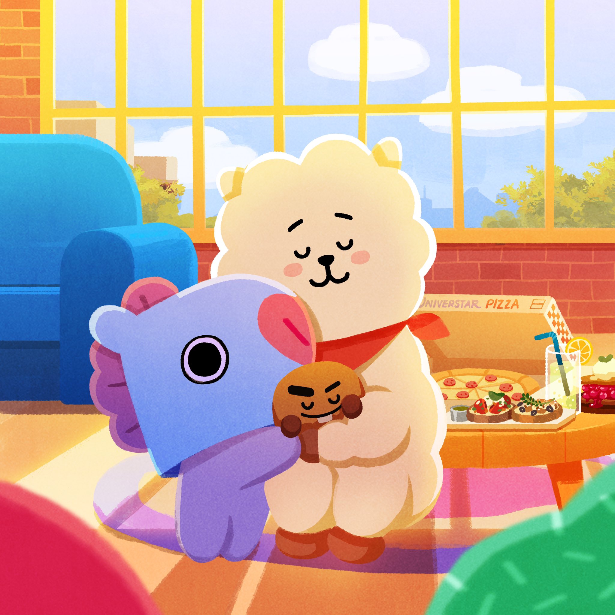 Bt21 According To Unistars This Is How To Cheer Up Friends Check Out More Of Our Story T Co Puukluomjd Mang Rj Shooky Hugs Food Warmth Love Friends Bt21