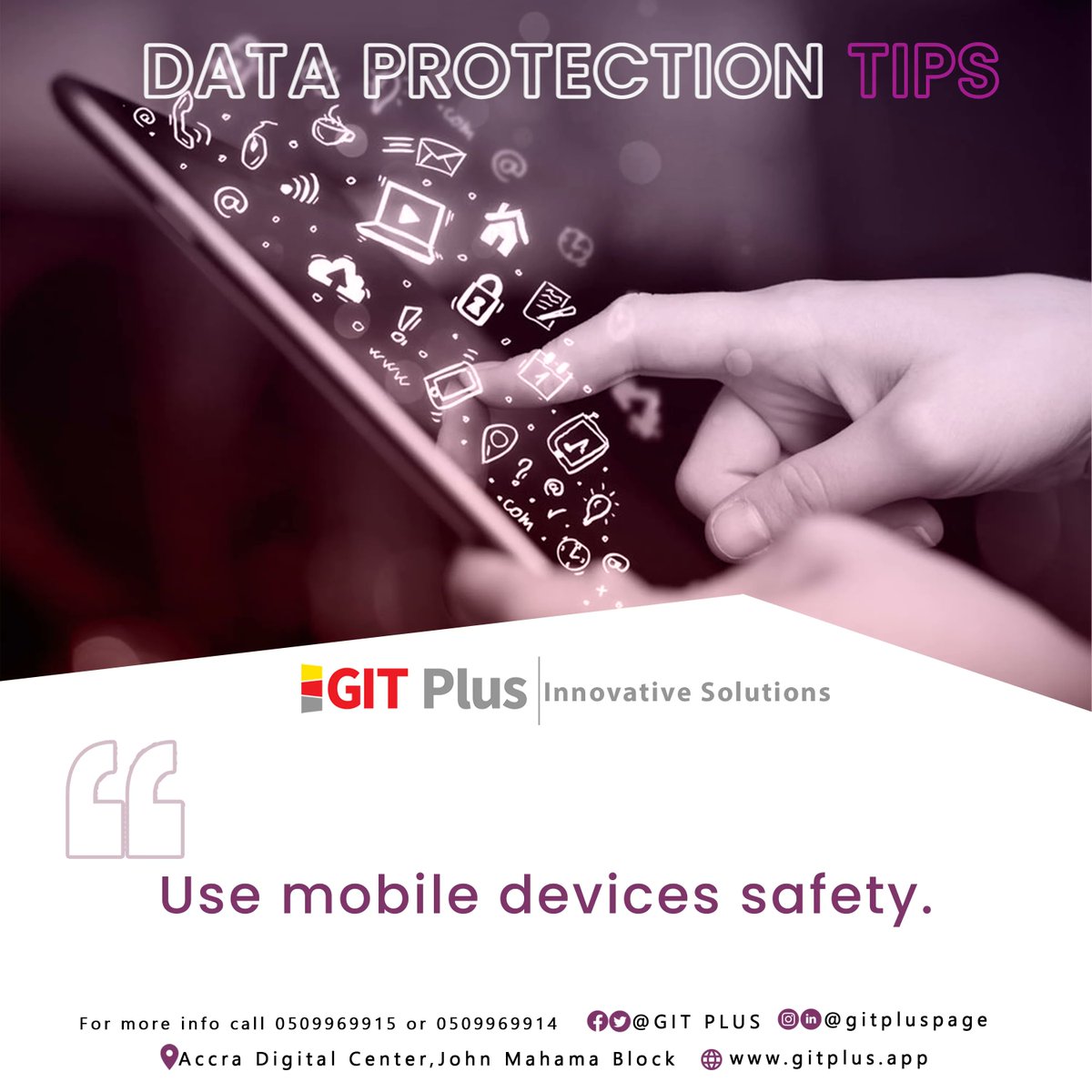 gitpluspage's tweet image. Data Protection Tips: 8
Use mobile devices safety.
Visit us on gitplus.app 
#gitplus
#gitplusacademy
#Data
#protection
#dataprotection