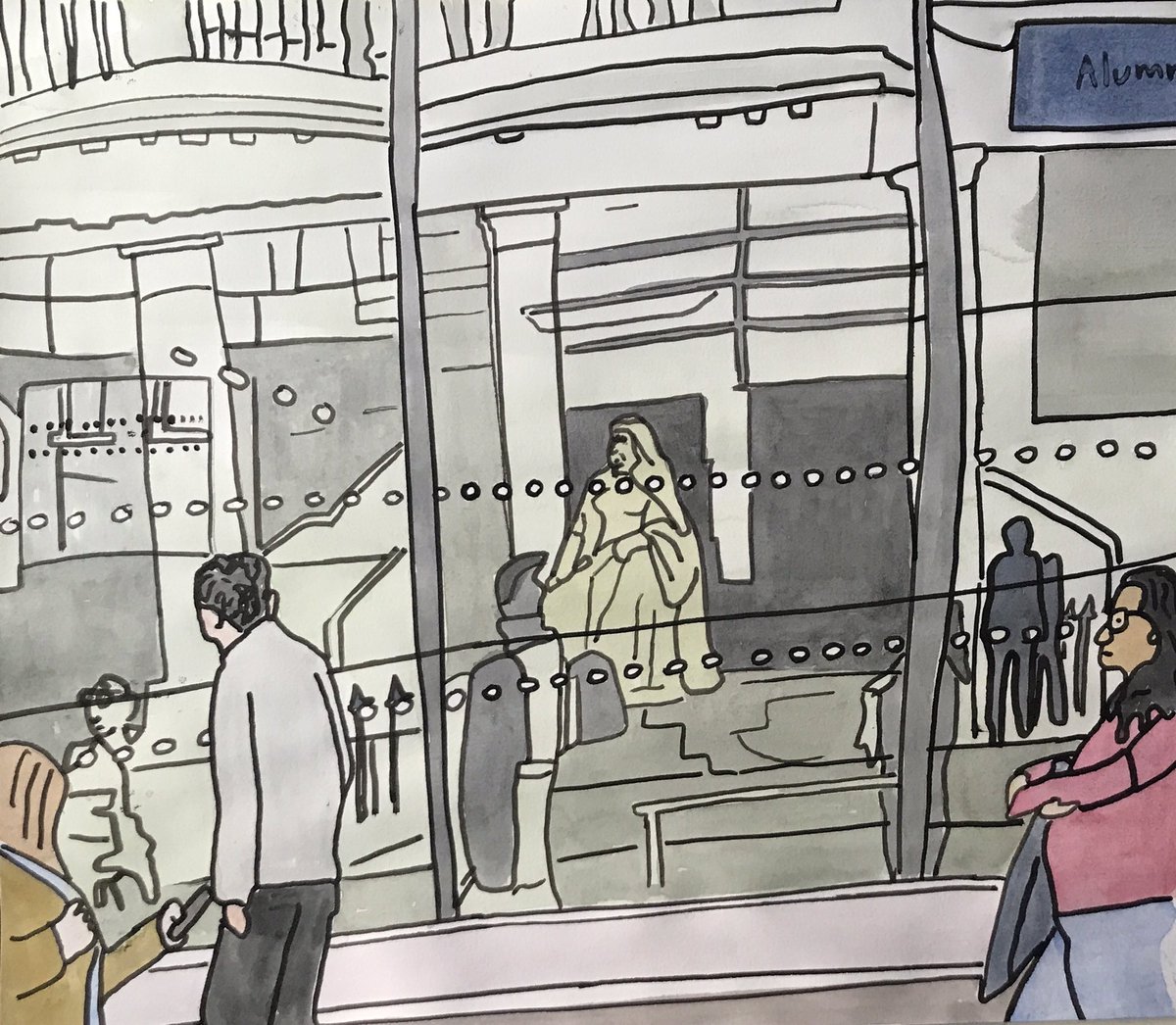 frankkiely's tweet photo. Today’s #sketch is from 1/11/22 is #figures outside @imperialcollege
#ExhibitionRoad #London #SW7 #Albertopolis I thought I saw the ghost of #QueenVictoria beside me… im the black figure in the reflection
#painting #watercolor #watercolour #Acrylic #Marker #Pen on paper https://t.co/dB8zjH8oTP